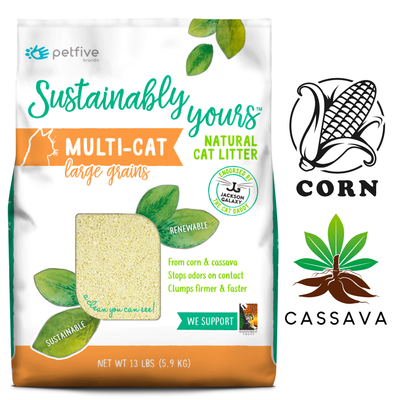 Sustainably Yours Natural Biodegradable Multicat Large Grains Cat Litter, 13 lb, eco-friendly and effective for multi-cat households. Available at North York pet stores.	