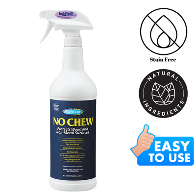 Farnam No Chew+Sprayer, prevents chewing and destructive behavior in horses with a strong scent and bitter taste, easy to apply and weather-resistant.