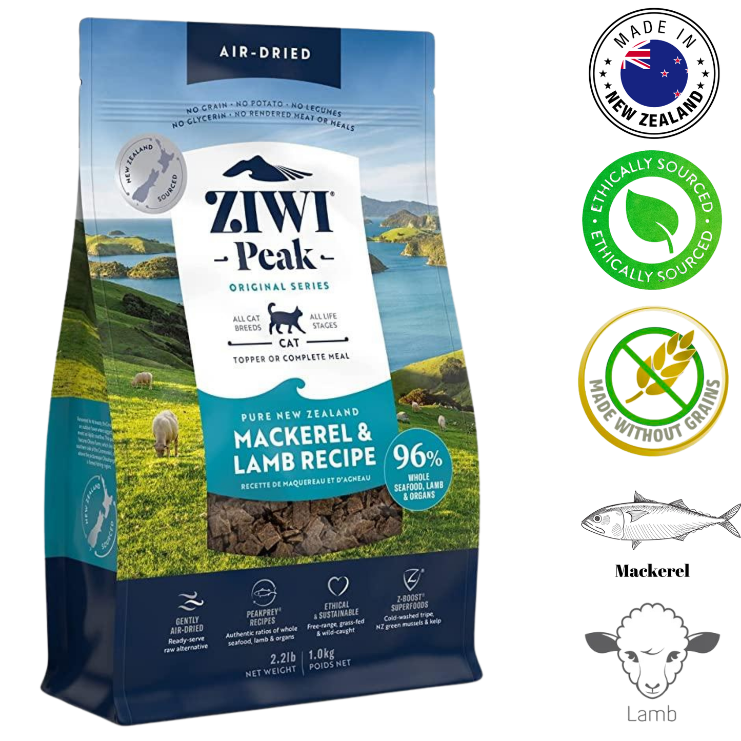 ZIWI Mackerel & Lamb Air Dried Cat Food, 1 Kg, a high-protein diet that supports cat health with natural ingredients.	