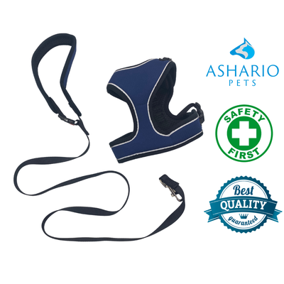 Ashario Pets navy blue harness with safety and quality certifications, ideal for pet store use.