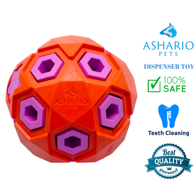 Ashario Pets Dispenser Toy - Rubber Strong Dog Ball Toy, uniquely designed for unpredictable bounce, ideal for aggressive chewers