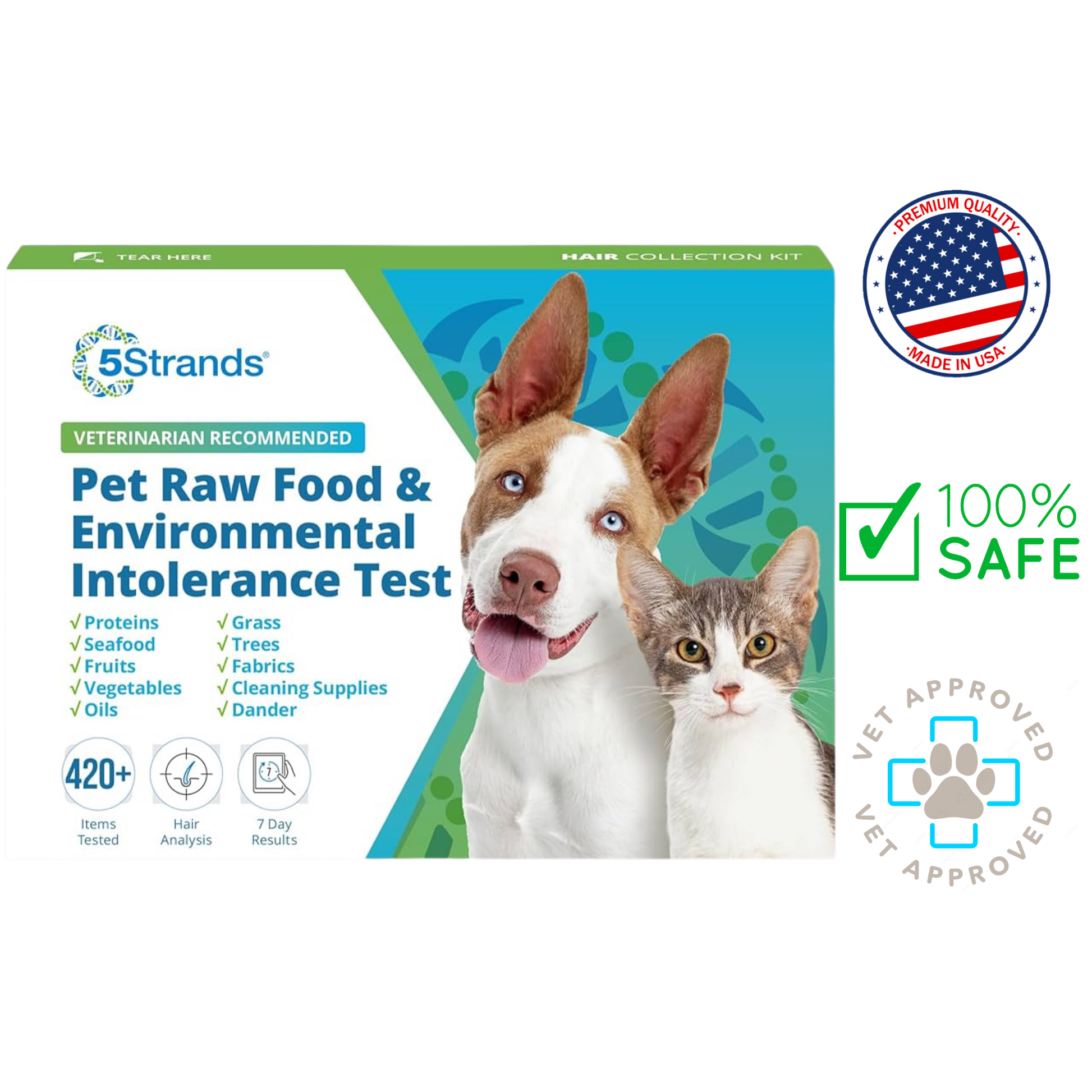 Box of 5Strands Pet Raw Food & Environmental Intolerance Test with a happy dog and cat, highlighting the test's benefits for identifying food and environmental intolerances. This veterinarian-recommended kit is essential for maintaining your pets' health and well-being.