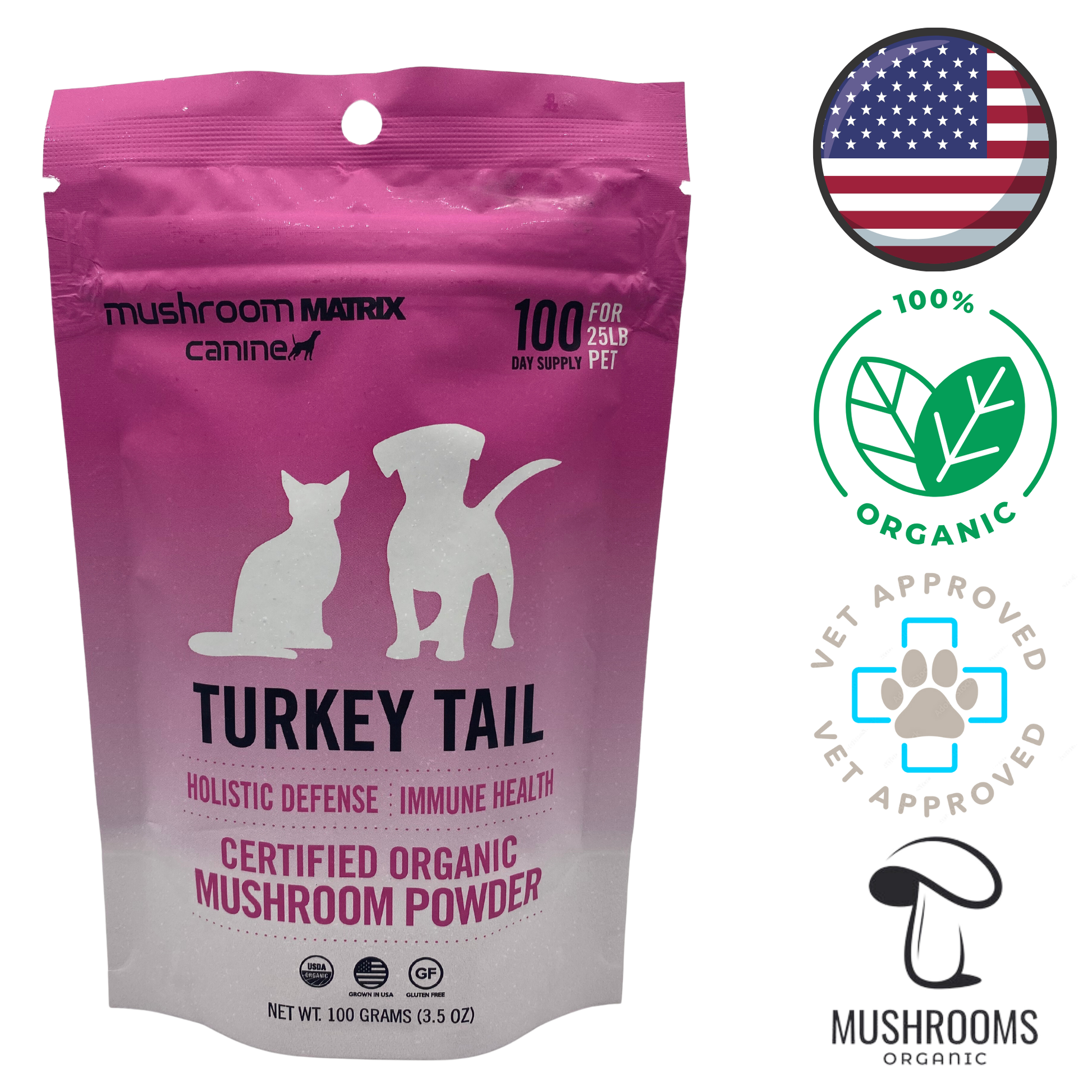 Canine Matrix Turkey Tail Dog and Cat 60g, organic turkey tail mushroom powder, boosts immune system, supports overall health and well-being in pets, easy-to-mix for daily use​​​​.