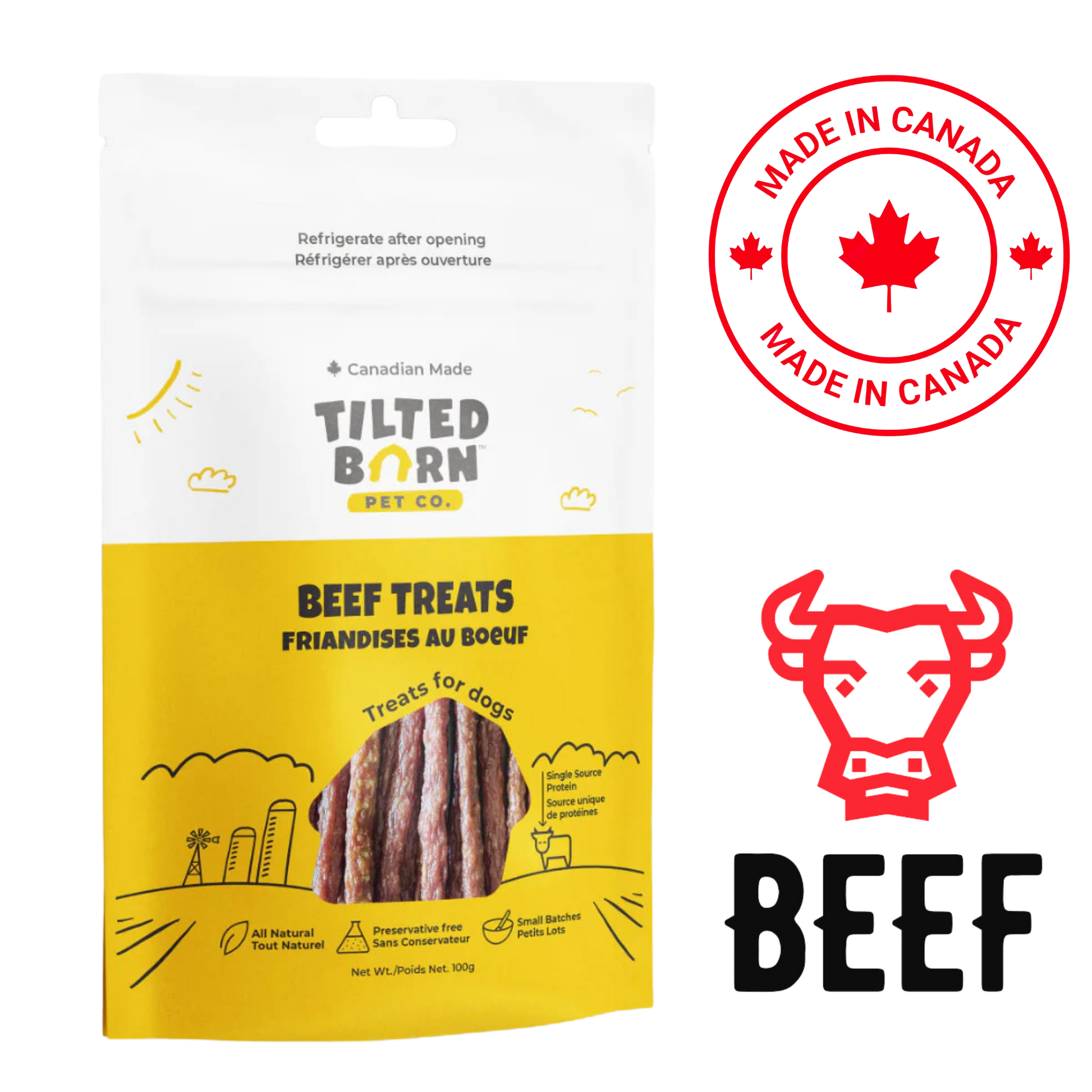 Tilted Barn Canadian Beef Sticks Treats, 100 grams, made from high-quality Canadian beef. Available at North York pet stores.	