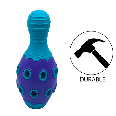 BuD'z Rubber Astro Bowling Pin Blue Dog toy with multiple treat holes for mental stimulation and reward-based play, durable materials withstand energetic play and chewing, affordable, safe, available in bright colors to keep dogs active and guarantee shared moments of joy.