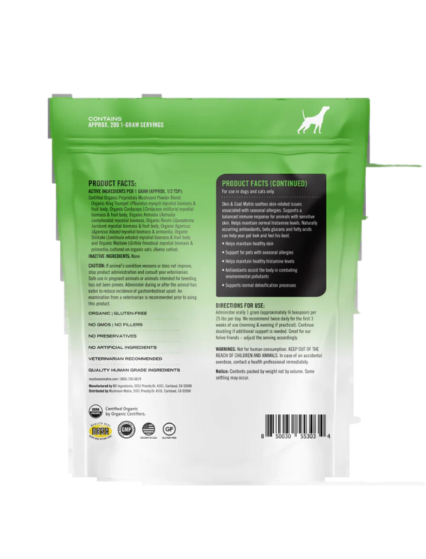 Back view of Canine Matrix Skin and Coat Mushroom Powder Dog and Cat 200g, featuring a premium blend of organic mushrooms for promoting skin and coat health, supporting immune function, and offering easy-to-mix powder form.