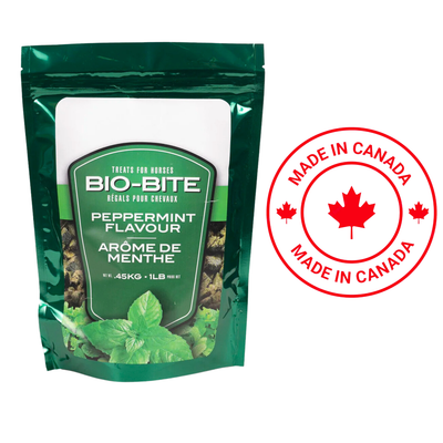 Bio-Bite Peppermint 1lb horse supplement, promoting digestive health and fresh breath. Made with Alfalfa, Timothy Hay, Canola Oil, and natural peppermint flavoring.