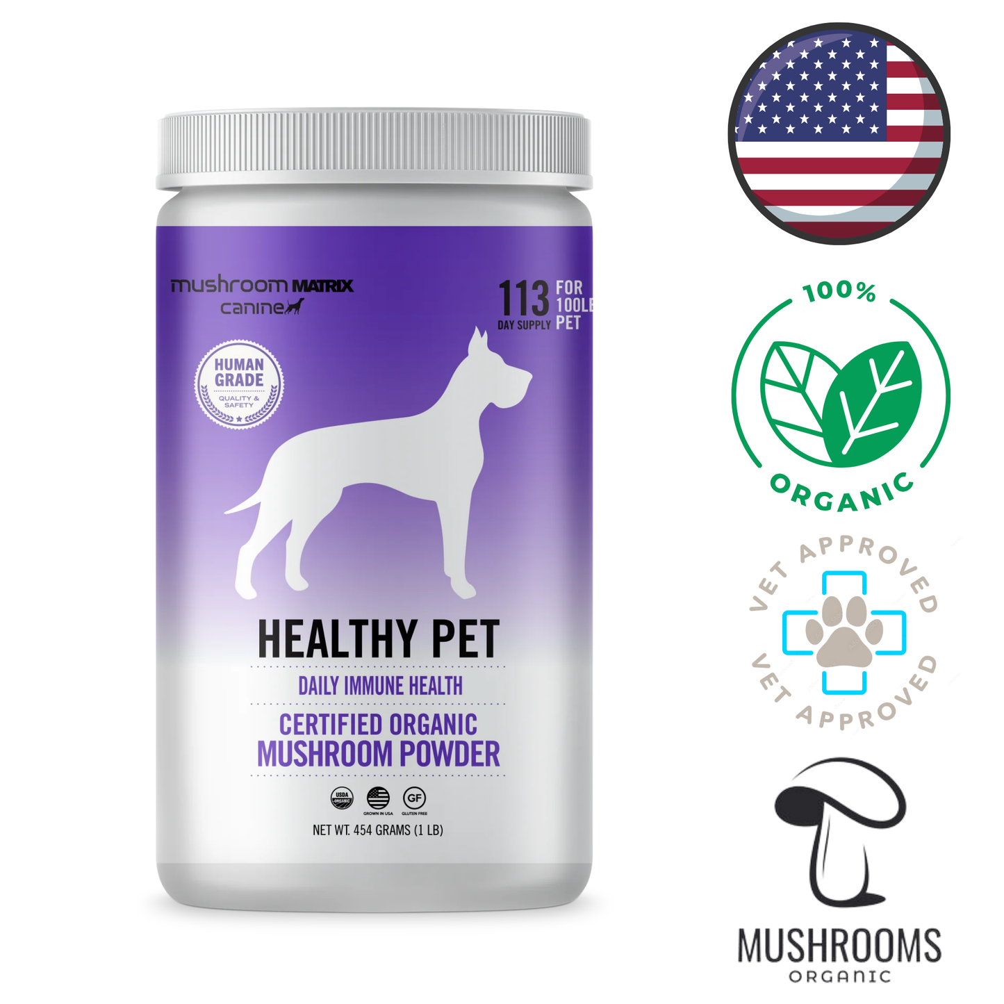 Canine Matrix Healthy Pet Matrix Dog and Cat 450 Grams, blend of organic mushrooms and herbs for essential nutrients and immune system support, convenient powder form, rich in antioxidants, beta-glucans, and vitamins, supports cardiovascular, respiratory health, and digestion, offers broad support with nine mushroom species