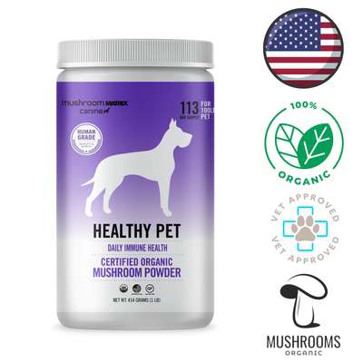 Canine Matrix Healthy Pet Matrix Dog and Cat 450 Grams, blend of organic mushrooms and herbs for essential nutrients and immune system support, convenient powder form, rich in antioxidants, beta-glucans, and vitamins, supports cardiovascular, respiratory health, and digestion, offers broad support with nine mushroom species