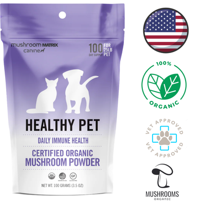 Canine Matrix Healthy Pet Supplements Mushroom Powder Dog & Cat 100 Grams, organic mushroom and herb blend for immune support and essential nutrients, high-quality easy-to-mix powder form, rich in antioxidants, beta-glucans, and vitamins, supports cardiovascular, respiratory health, and digestion with nine mushroom species.