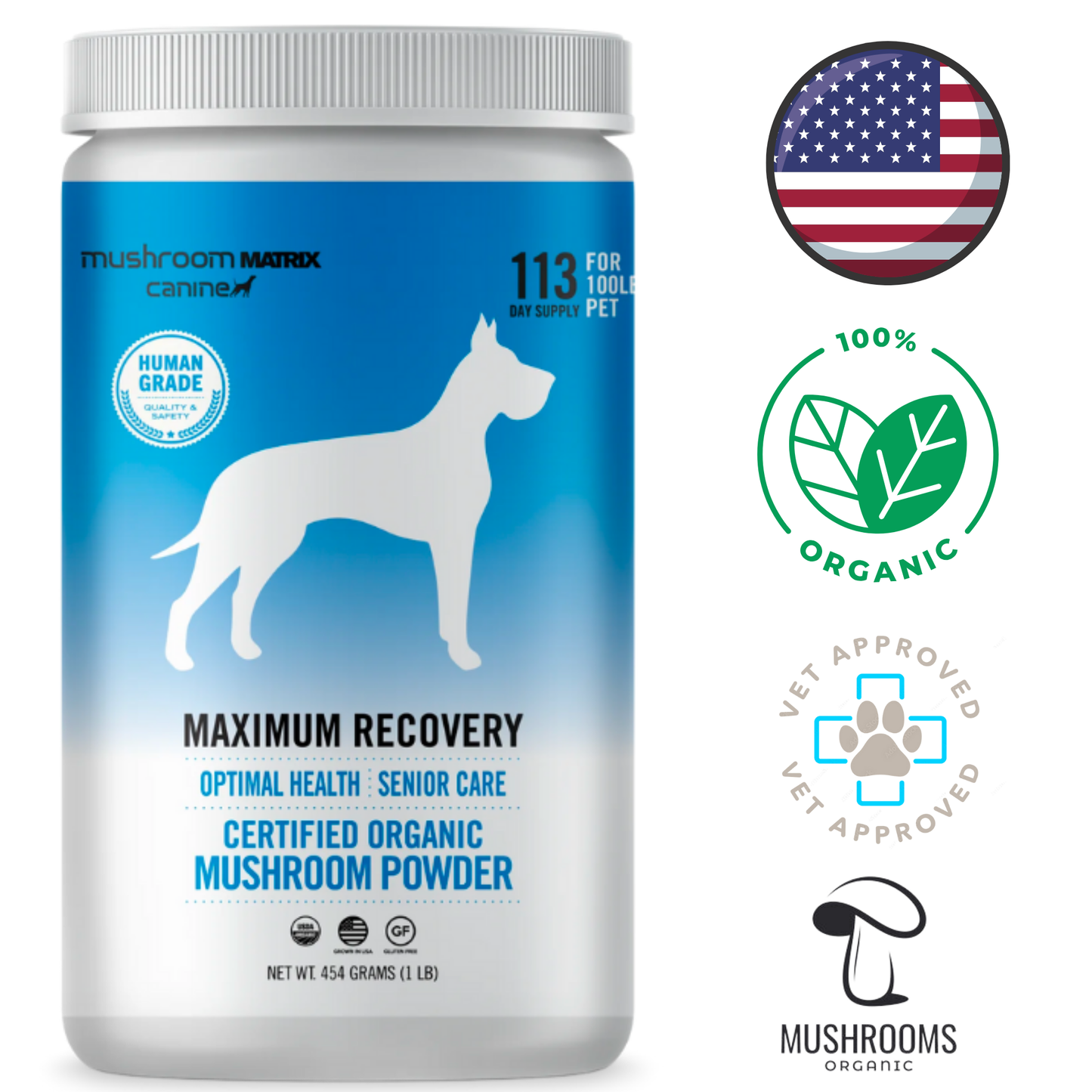 Canine Matrix Maximum Recovery Dog and Cat 450g, high-quality organic mushroom blend designed for optimal recovery and immune support, easy-to-mix powder that enhances overall pet health and vitality​​​​.