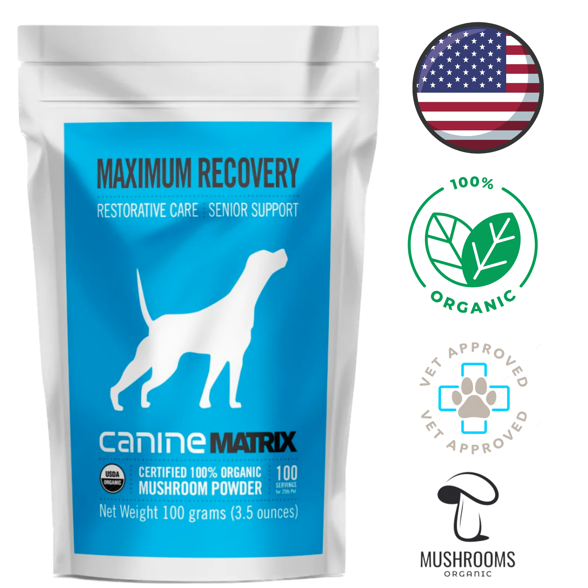 Canine Matrix Skin and Coat Mushroom Powder Dog and Cat 100g, organic mushroom blend promoting healthy skin and coat, supports immune health, easy-to-mix powder for daily use​​​​.