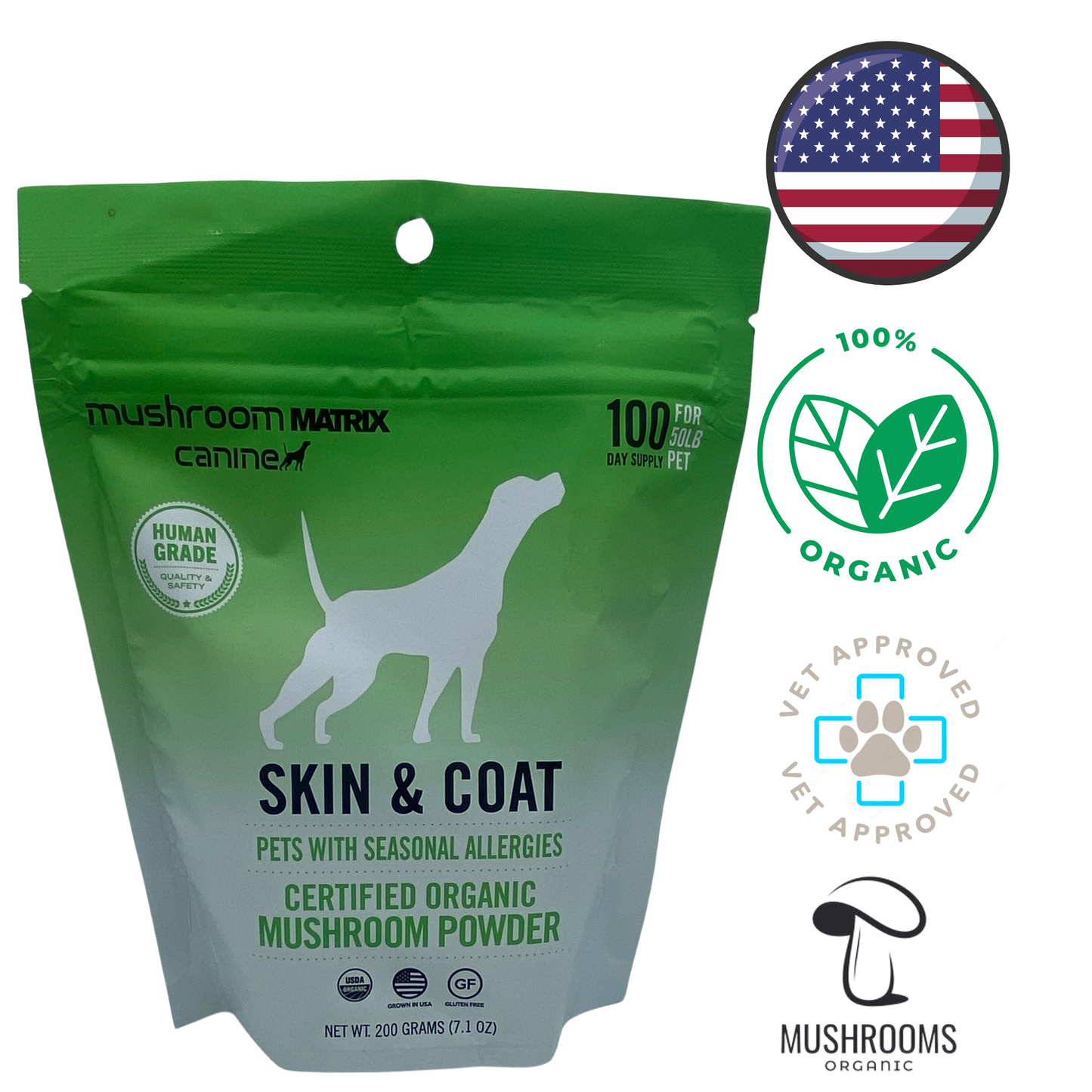 Canine Matrix Skin and Coat Mushroom Powder Dog and Cat 200g, premium blend of organic mushrooms for skin and coat health, supports immune function and overall vitality, easy-to-mix powder form​​​​.