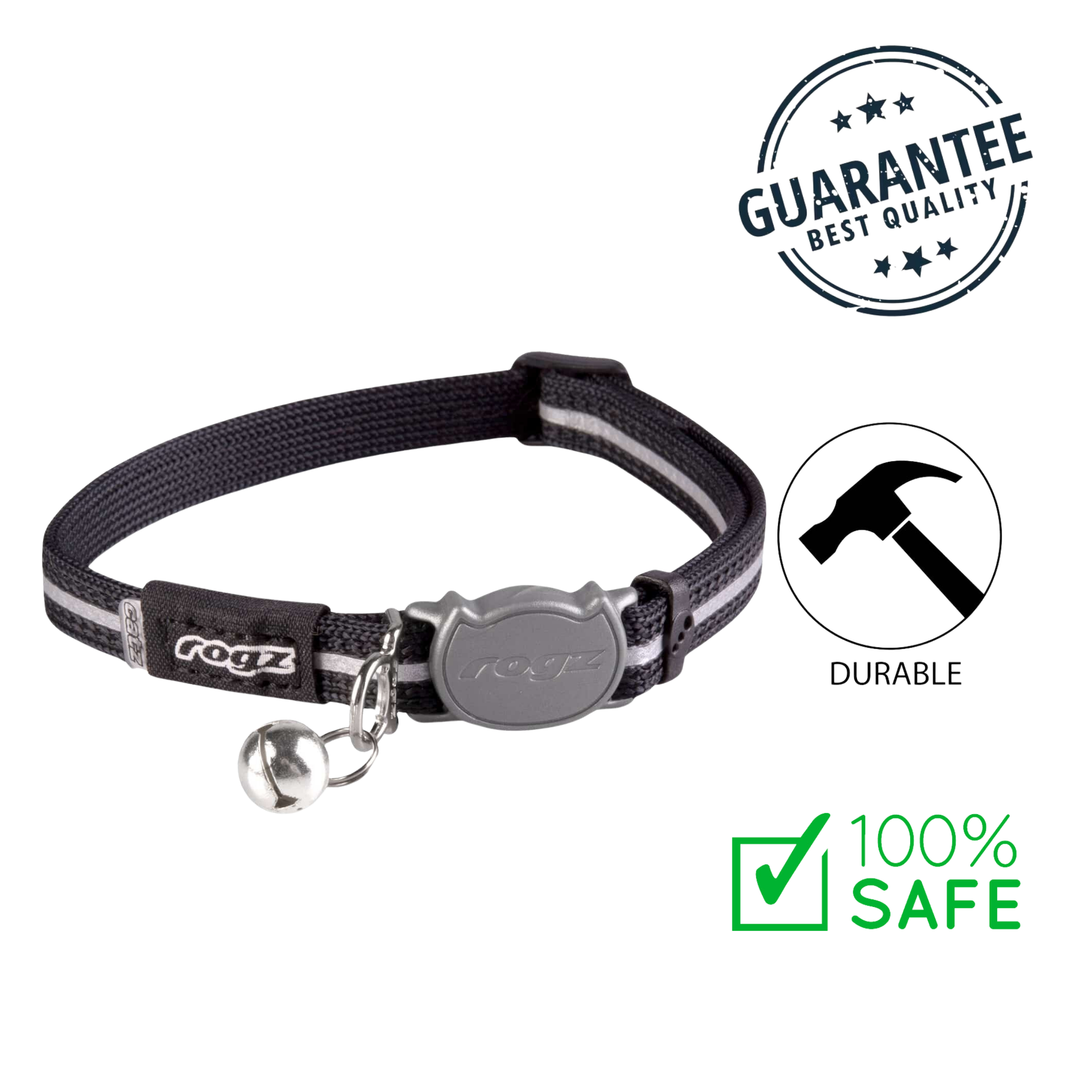 Rogz AlleyCat Safety Release Collar Black, a secure and stylish collar for cats. Available at North York pet stores.	