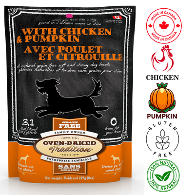 Oven-Baked Tradition Soft And Chewy Chicken And Pumpkin Dog Treats 8 Oz, healthy and delicious treats for dogs. Made with chicken and pumpkin, perfect for	