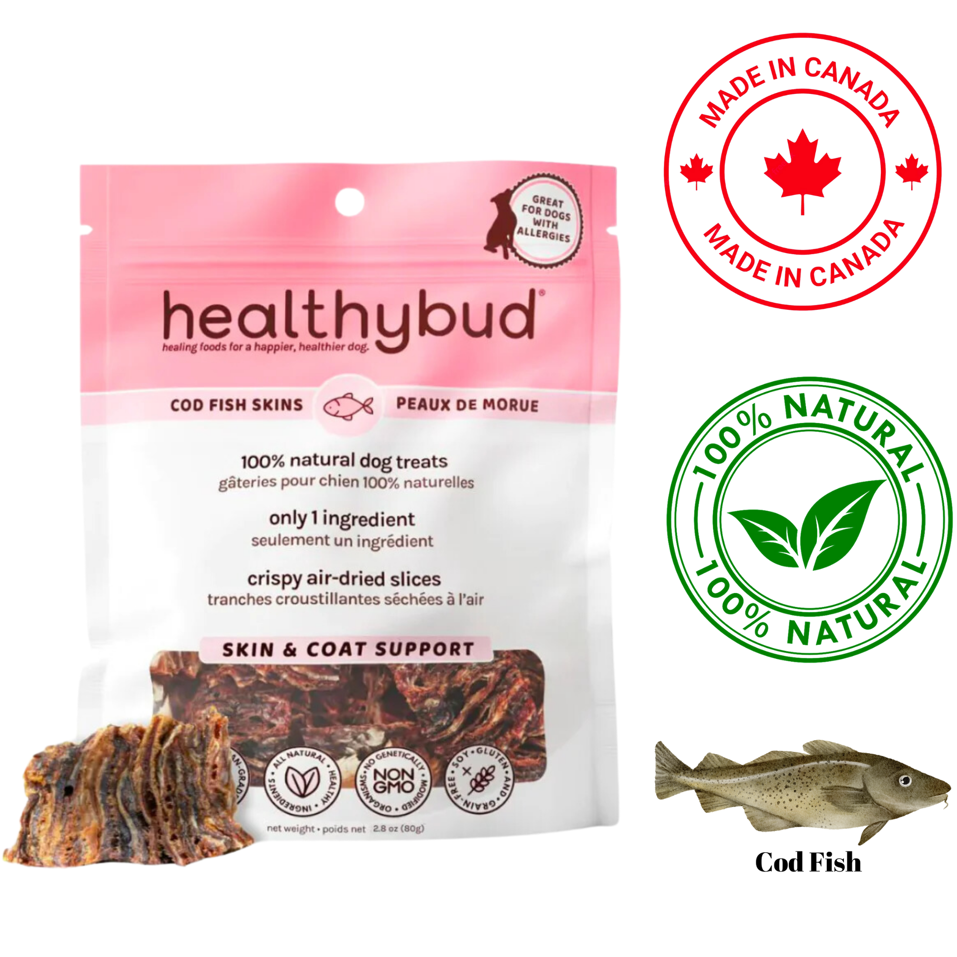 Healthybud Cod Fish Skin Dog Treats 80 Grams, rich in omega-3 fatty acids for healthy skin and coat. Perfect for pet stores offering nutritious dog treats.	