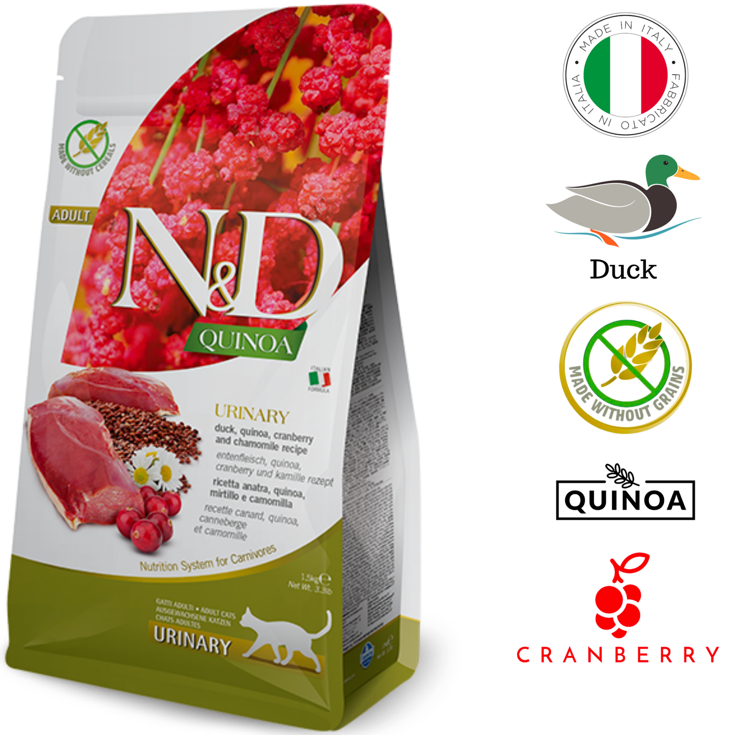 Tailored for urinary health, duck and quinoa formula supports bladder and kidney function. Grain-free, rich in essential nutrients.