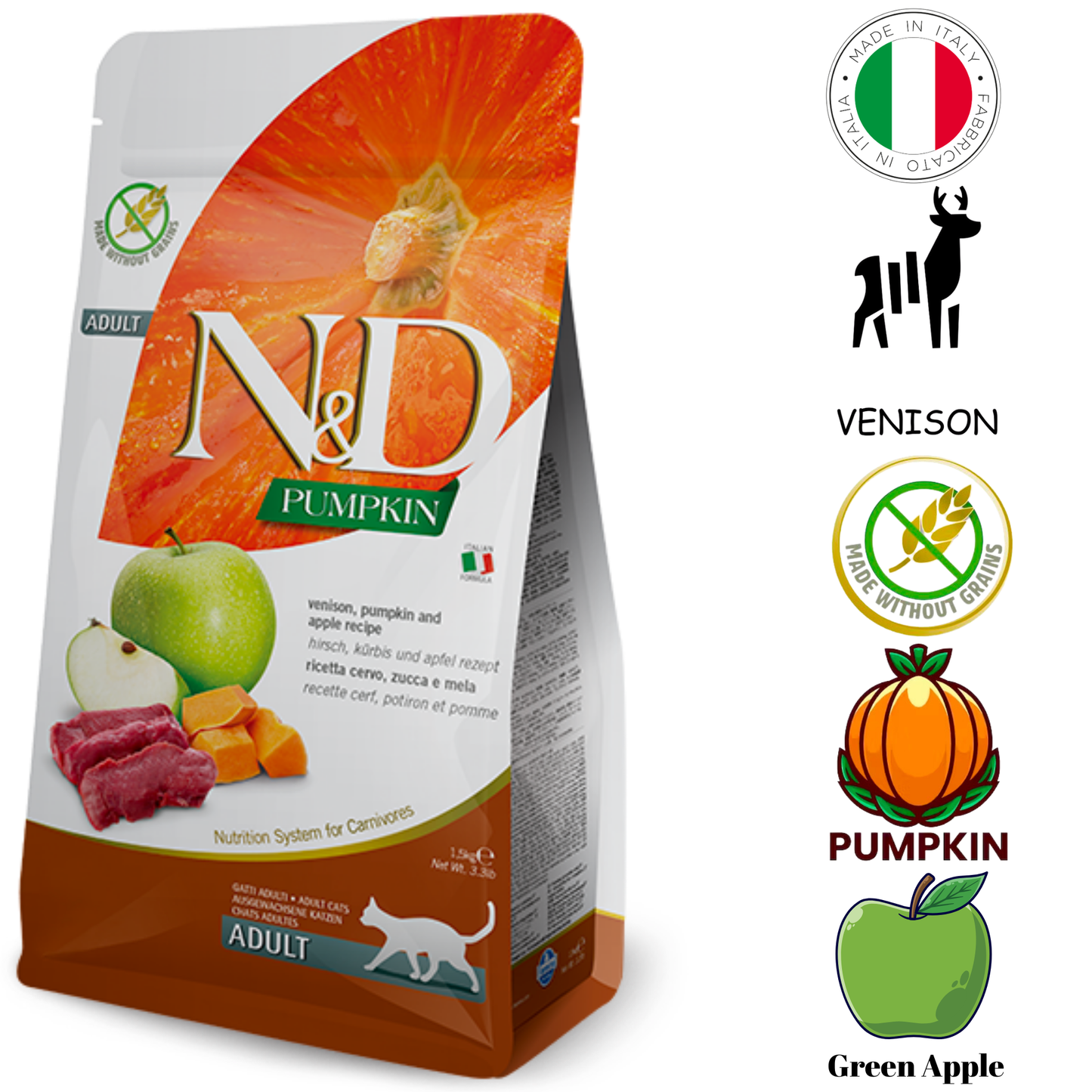 Farmina Venison & Apple Dry Cat Food, supports digestion and overall health, made with non-GMO, human-grade ingredients.