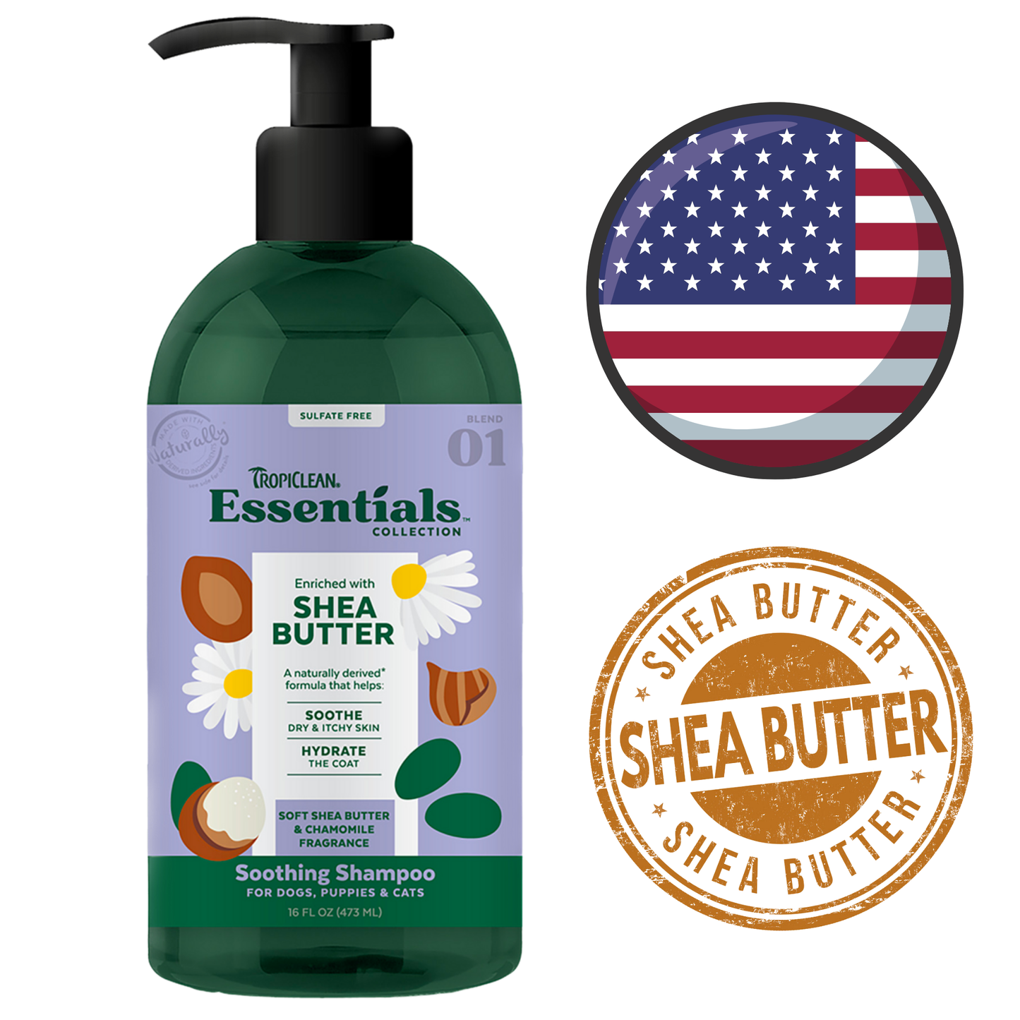 TropiClean Essentials Shea Butter & Chamomile Shampoo, 16 Oz, cleans and soothes pet skin. Available at North York pet stores.	