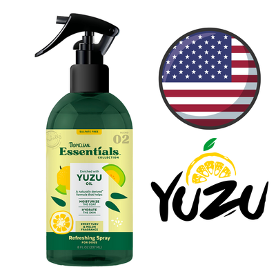 TropiClean Essentials Yuzu Fruit & Melon Deodorizing Dog Spray, 8 Oz, keeps your dog smelling fresh. Available at Toronto pet stores.	