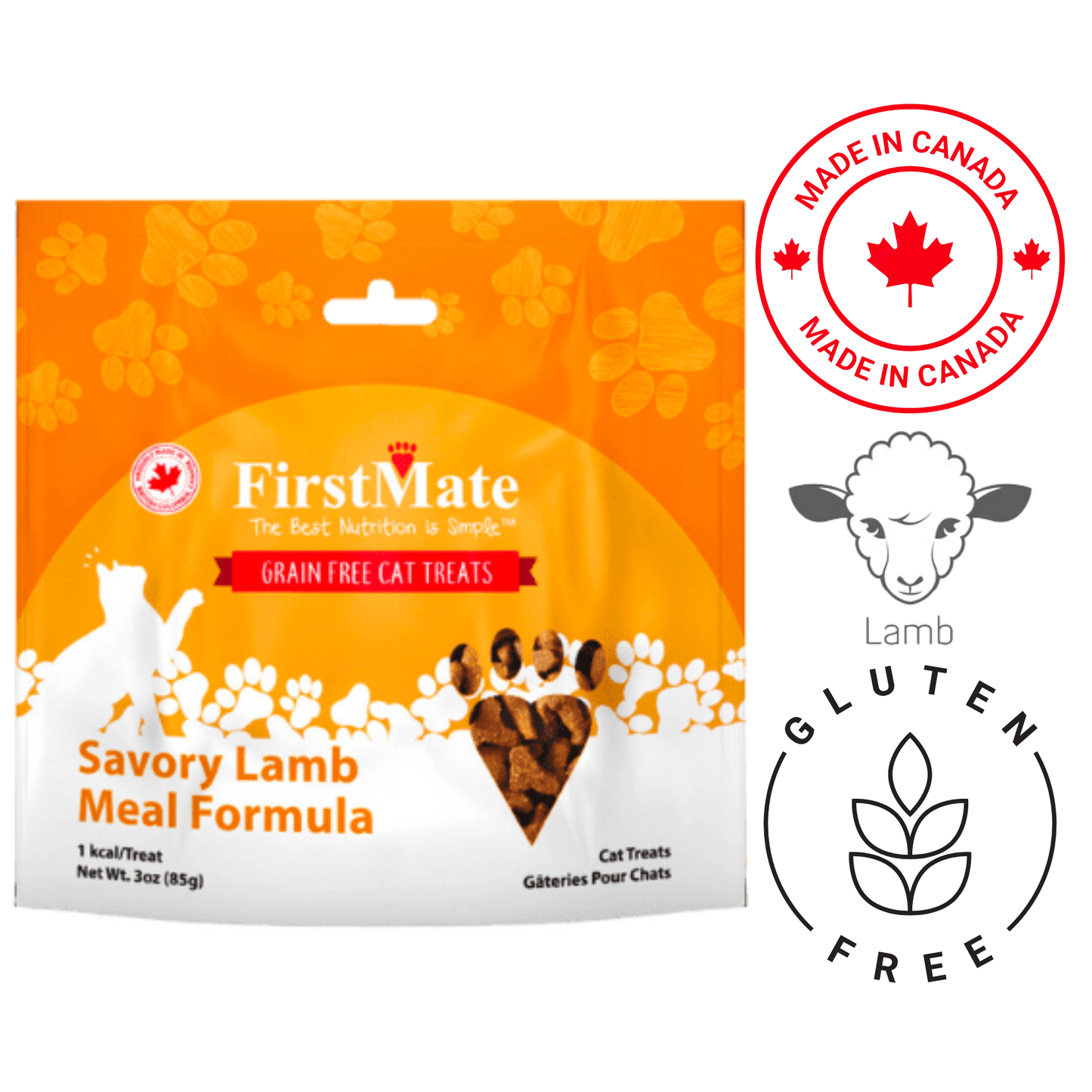 FirstMate Cat Treats Savory Lamb, healthy and tasty treats, grain-free with blueberries to support cat's overall health.