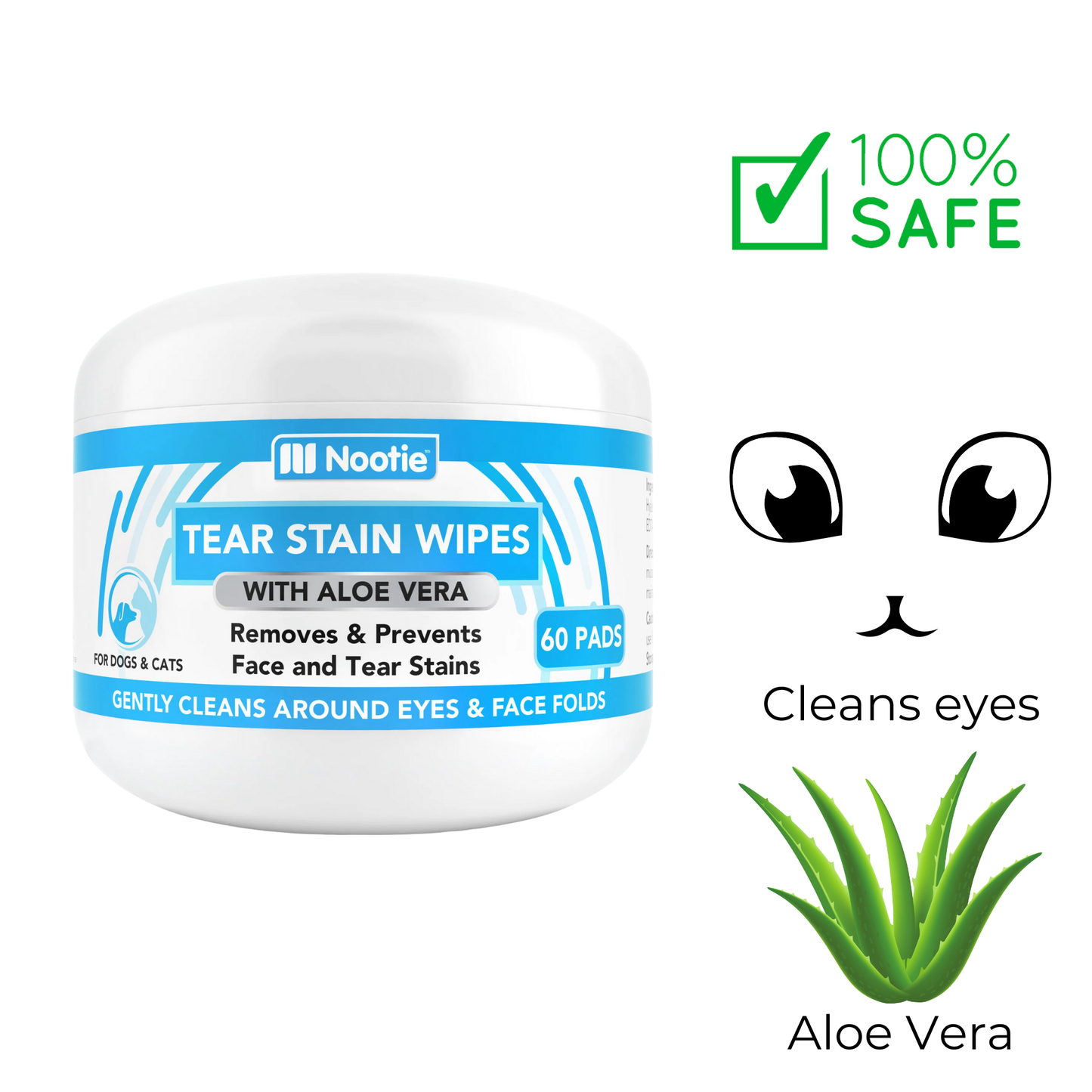 Nootie Tear Stain Wipes Aloe - 60 Pack, gentle wipes for removing tear stains from pets. Infused with aloe to soothe and clean delicate areas.	