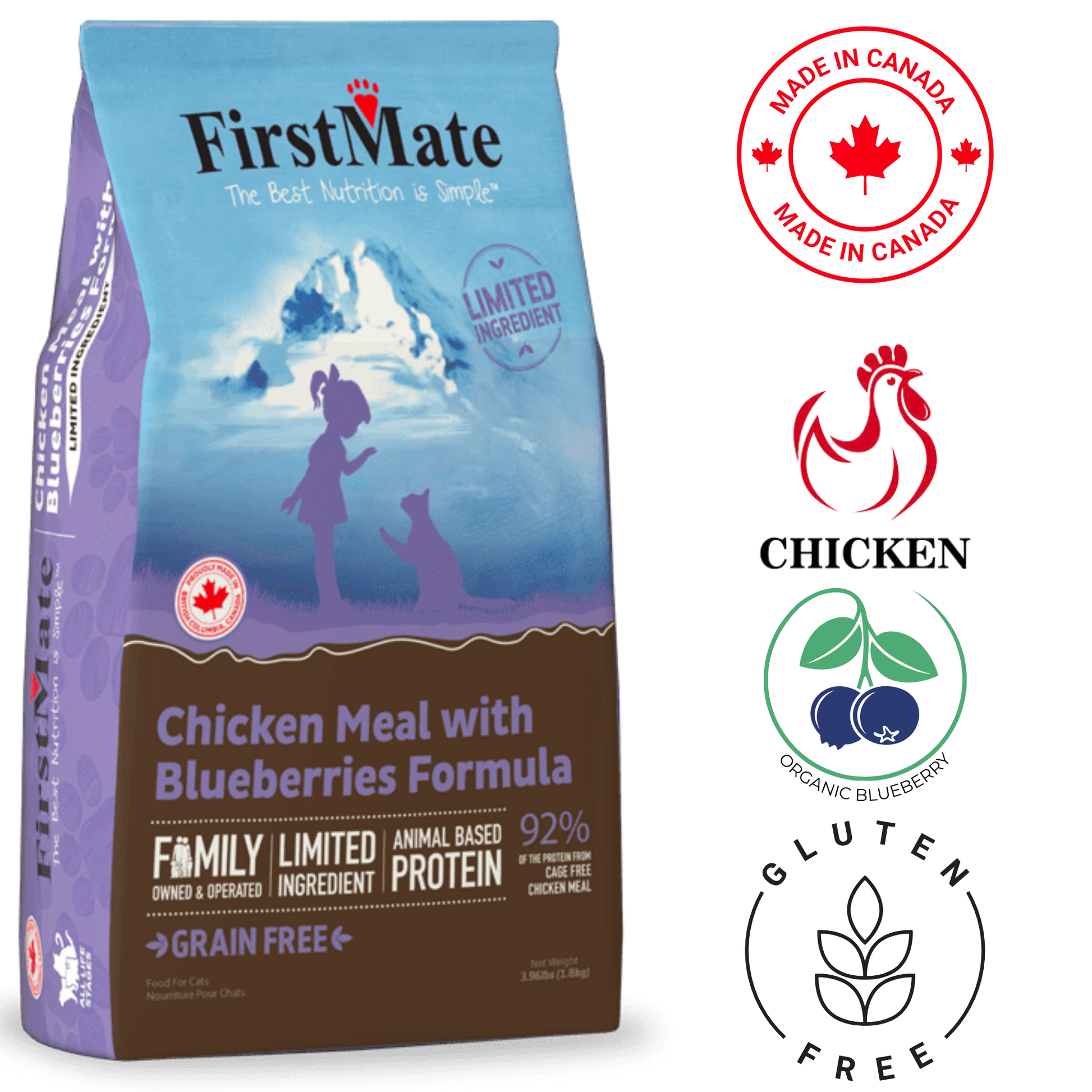 FirstMate Grain Free LID Chicken & Blueberry Cat Food, supports digestion and overall health, made with high-quality chicken and blueberries.