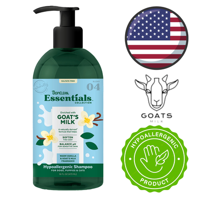 TropiClean Goat's Milk & Vanilla Shampoo for Dogs, Puppies, and Cats, 16 Oz, gently cleanses and moisturizes. Available at Toronto pet stores.	