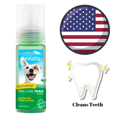 TropiClean Teeth Oral Care Foam for Dogs, 4.5 oz, promotes dental health and fresh breath. Available at North York pet stores.	