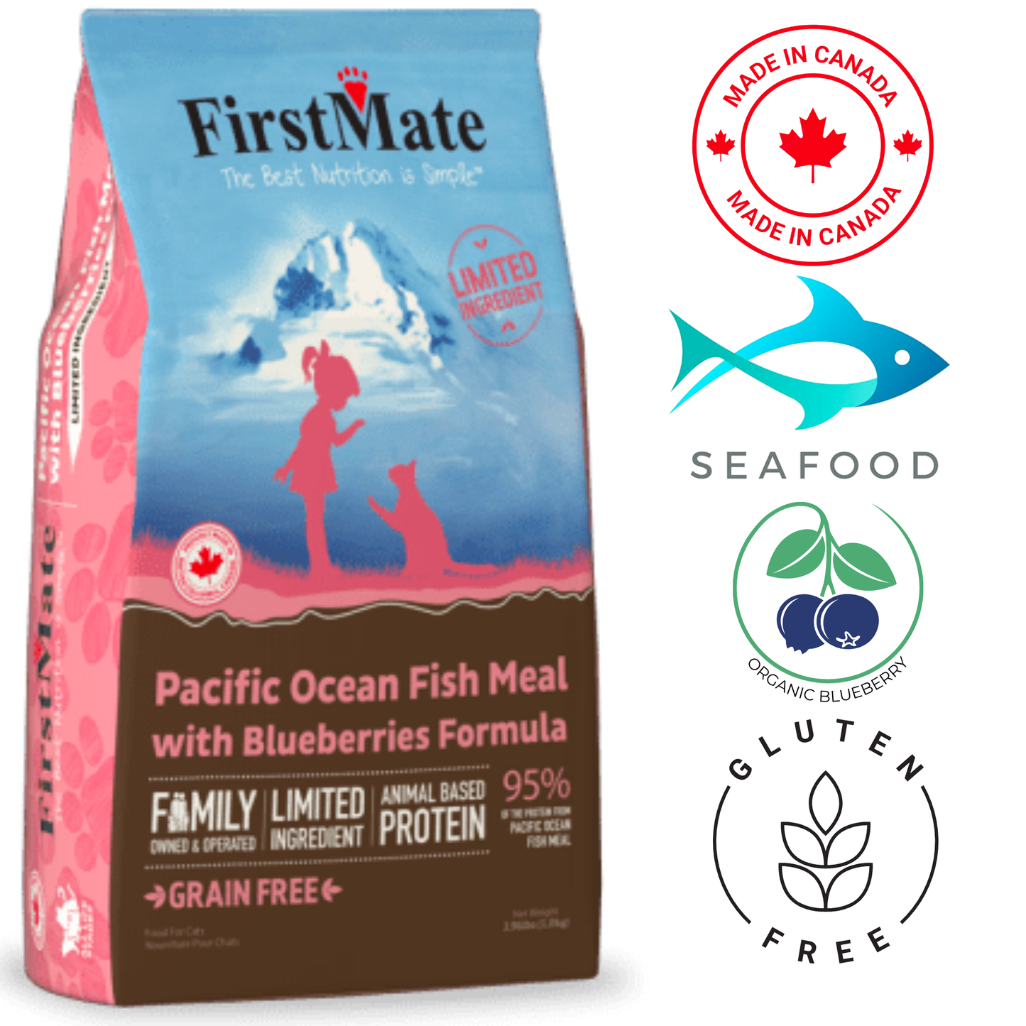 FirstMate Grain Free LID Ocean Fish & Blueberry Cat Food, supports sensitive digestion and overall health, enriched with antioxidants.