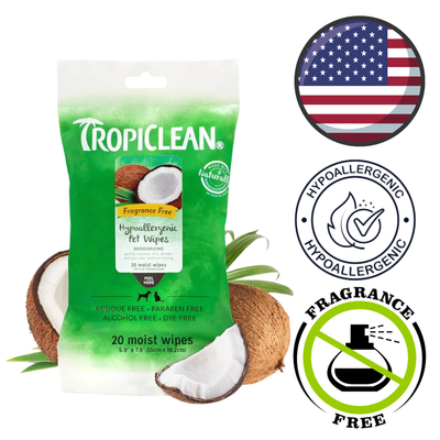 TropiClean Coconut Hypoallergenic Pet Wipes, 20 Pack, ideal for pets with sensitive skin. Available at Toronto pet stores.	