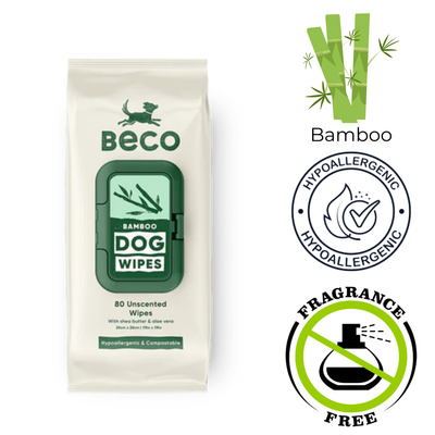 Beco Bamboo Unscented Dog Wipes - 80 Pack, gentle wipes made with 100% bamboo cloth, infused with shea butter and aloe vera for shiny, soft coats, perfect for cleaning up dogs without baths