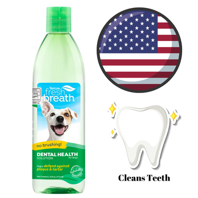 TropiClean Teeth Oral Care Water Additive for Dogs, 16 oz, ensures fresh breath and dental health. Available at North York pet stores.	