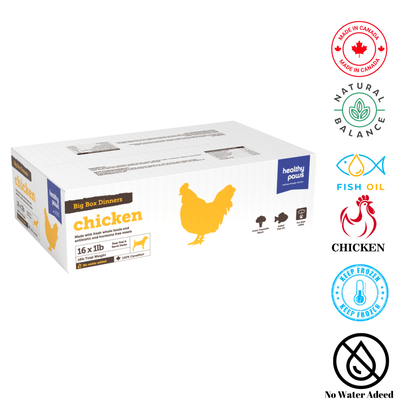 "Healthy Paws Big Box Dinner Chicken 1 lb, a wholesome chicken dinner designed to promote health and wellness in dogs. Perfect for pet stores prioritizing nutritious choices, it's made with natural ingredients to support a healthy diet."