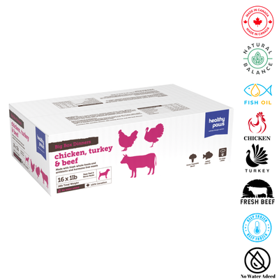 "Healthy Paws Big Box Dinner Chicken, Turkey, Beef 1 lb, combines three protein sources in one balanced meal for dogs. Ideal for pet stores offering diverse and nutritious options, it supports overall health and vitality."