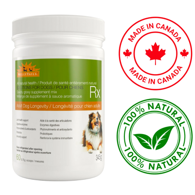 Wellytails Adult Dog Longevity Rx, 345 grams, supports overall health and longevity in dogs. Available at North York pet stores.	