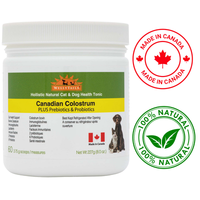 Wellytails Bovine Colostrum for Dogs & Cats, 227 grams, boosts immune health. Available at Toronto pet stores.	