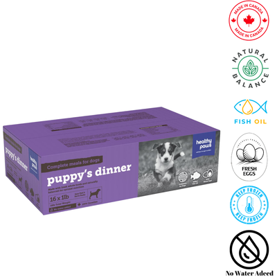 Healthy Paws Big Box Dinner Puppy 1 lb, formulated for growing puppies, offers balanced nutrition and essential ingredients. Perfect for pet stores specializing in premium puppy food, it supports healthy growth and development