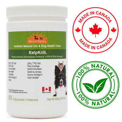 Wellytails Kelp Krill for Dogs & Cats, 454 grams, provides essential nutrients for pets. Available at North York pet stores.	