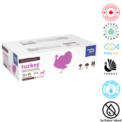 Healthy Paws Big Box Dinner Turkey 1 lb, offers a delicious turkey dinner for dogs, packed with essential nutrients and natural ingredients. Pet stores can provide this option knowing it supports overall health and wellness in pets.