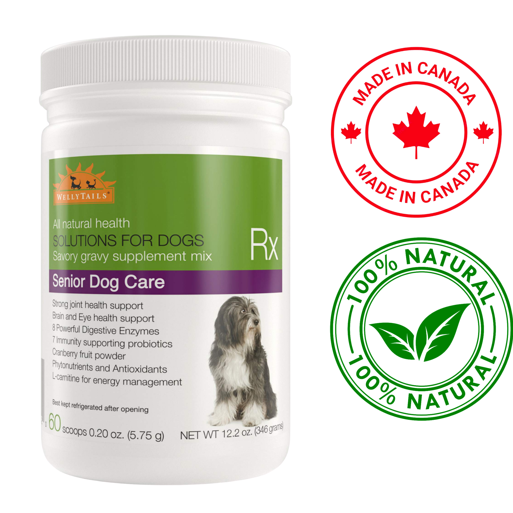 Wellytails Senior Dog Care Rx, 454 grams, supports the health of senior dogs. Available at Toronto pet stores.	