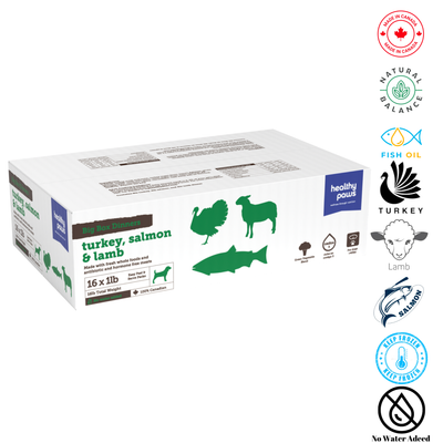 Healthy Paws Big Box Dinner Variety - Turkey, Salmon, Lamb 1 lb, offers a mix of turkey, salmon, and lamb for balanced nutrition in dogs. Ideal for pet stores offering diverse dog food options, it supports overall health with its natural ingredients.