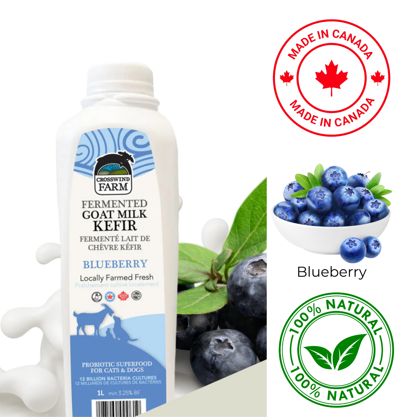 Crosswind Farms Goat Milk with Blueberry 1L, a probiotic-rich superfood, locally farmed and freshly produced, boosts immunity, improves digestion, and supports bone density in pets.