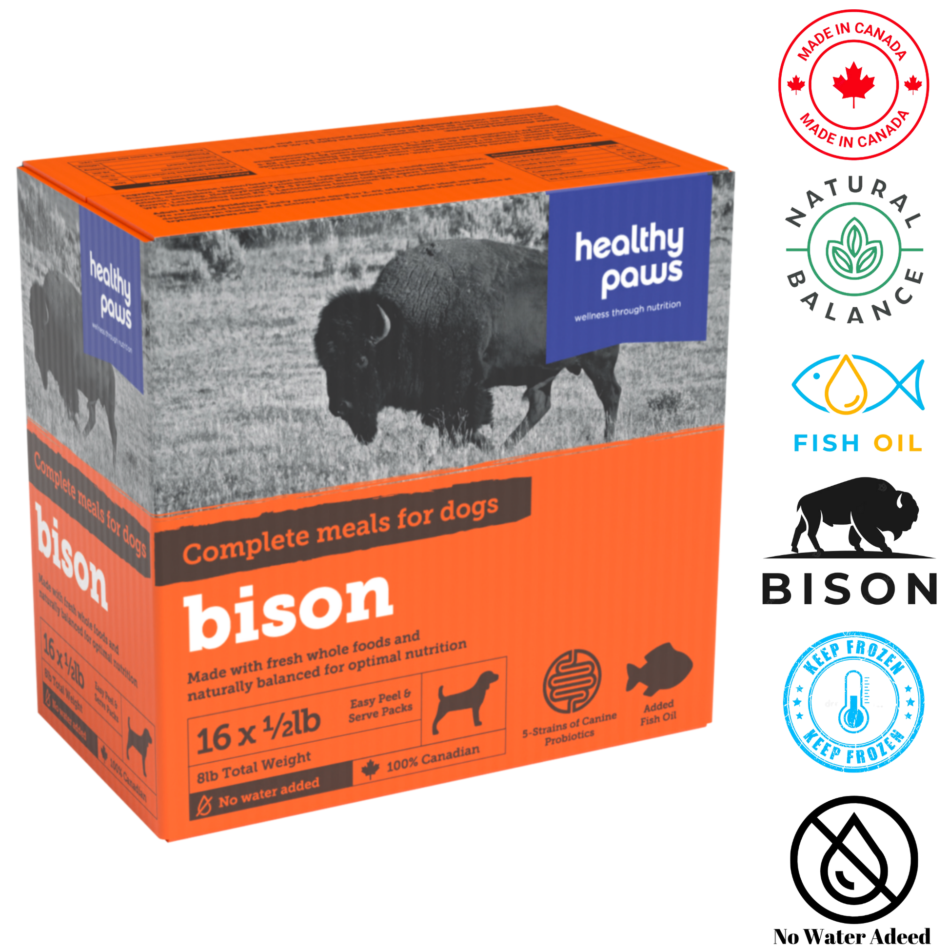 Healthy Paws Canine Complete Dinner Bison 0.5 lb, offers a bison-based dinner for dogs, packed with essential nutrients and natural goodness. Pet stores can showcase this option for its quality ingredients and benefits to canine health.