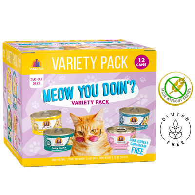 Weruva Meow You Doin Variety Pack Cat Food, 3 Oz, 5.5 Oz, a variety of flavors for cats. Available at Toronto pet stores.	