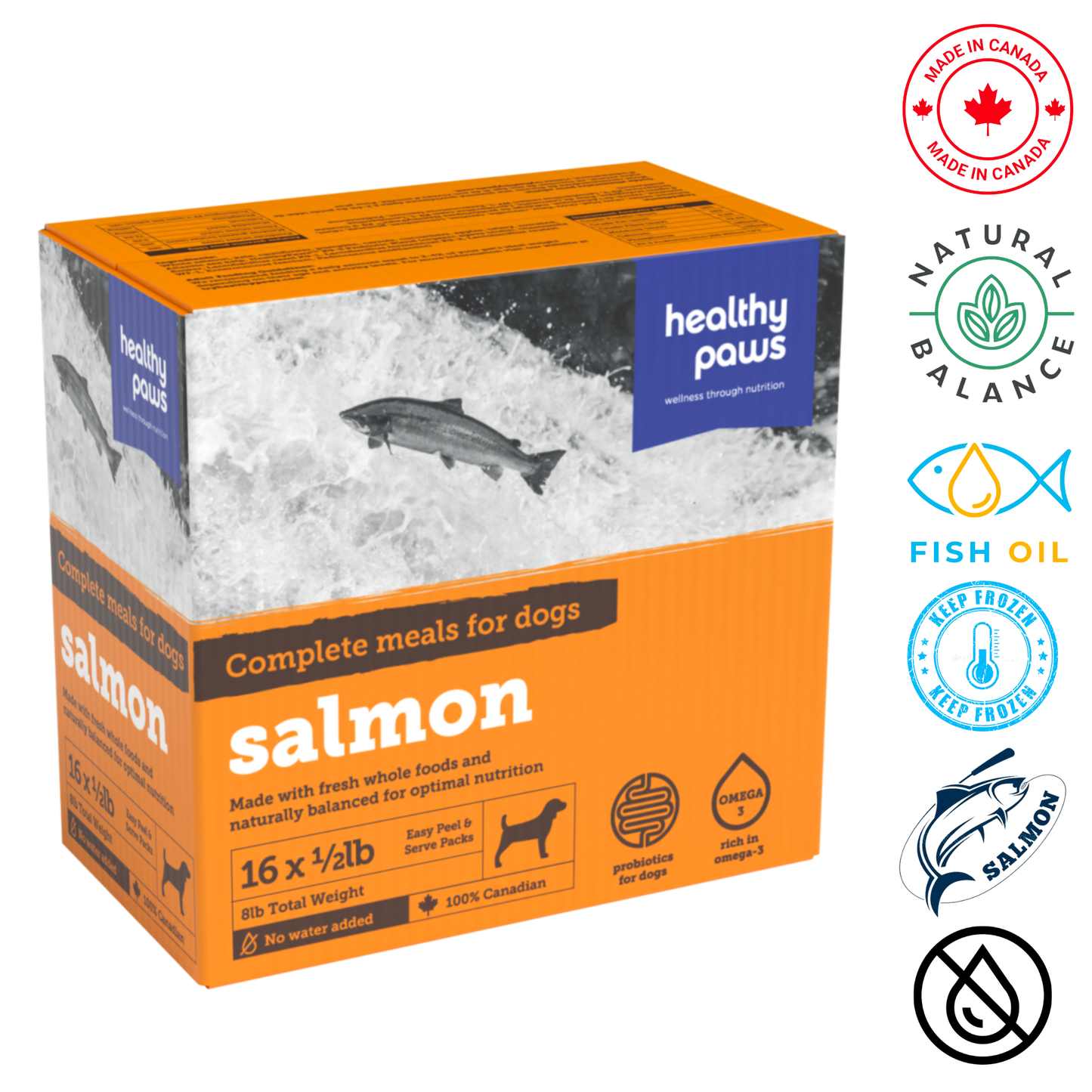 Healthy Paws Canine Complete Dinner Salmon 0.5 lb, features a salmon dinner for dogs, packed with omega fatty acids and natural goodness. Ideal for pet stores offering nutritious and balanced dog food options.