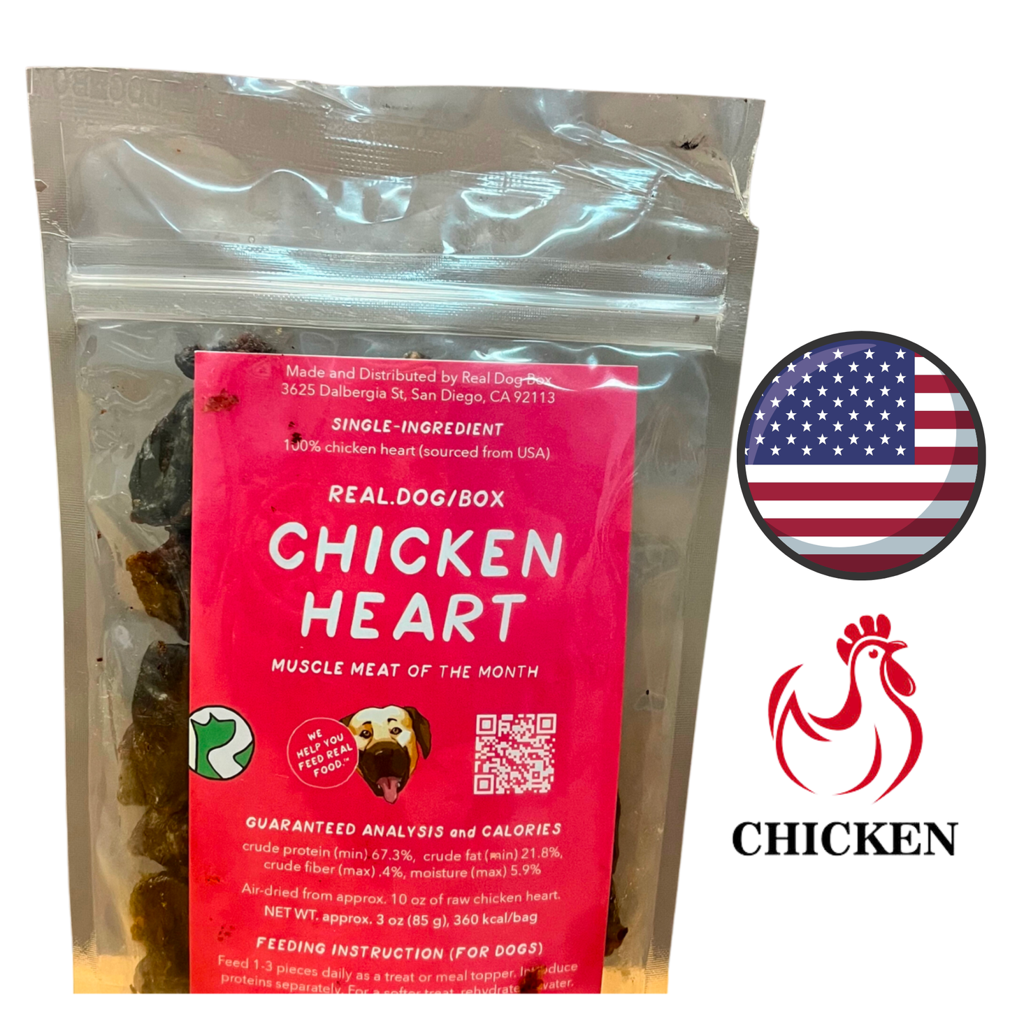 Premium Real Dog Box Air Dried Chicken Heart Dog Treats, offering high-quality protein for dogs.