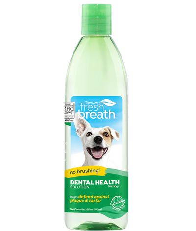 Convenient TropiClean Teeth Oral Care Water Additive for Dogs, 16 oz, ideal for fresh breath at Toronto pet shops.