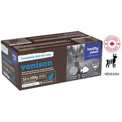 Healthy Paws Feline Complete Dinner Venison 100 Grams, providing balanced nutrition with high-quality venison. Ideal for pet stores offering premium cat food options.	