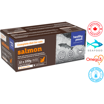 Healthy Paws Feline Complete Dinner Salmon 100 Grams, providing balanced nutrition with high-quality salmon. Ideal for pet stores specializing in nutritious cat food.	